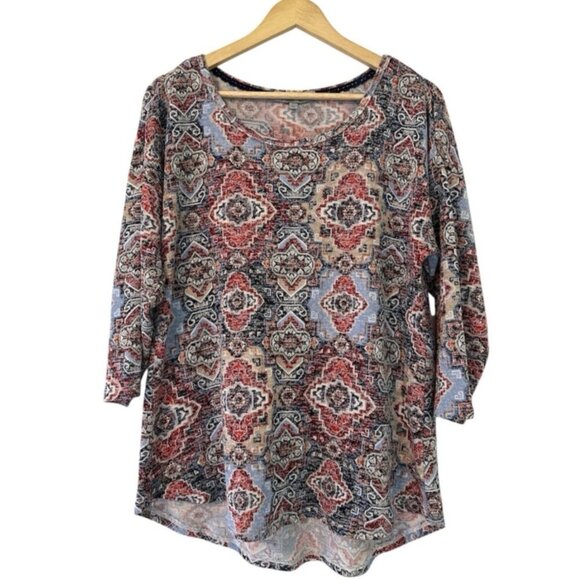 Women's XL Red Blue Stretch Relaxed Casual 3/4 Sleeve Pullover Blouse Top - Picture 1 of 4